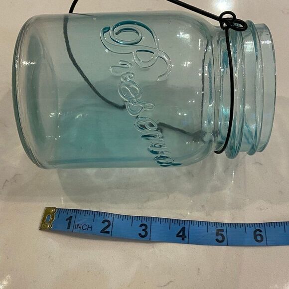 Vintage Aqua Blue Sea Glass Preserve Mason Jar with Metal Wire Handle, 6" Tall - Picture 3 of 5